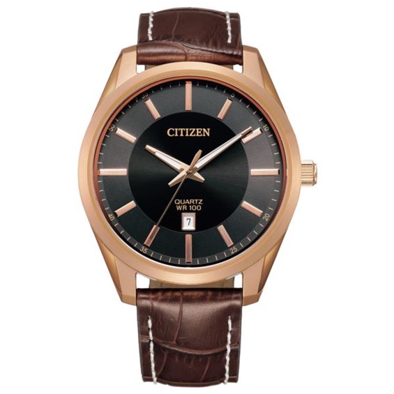 Mens Rose Gold Quartz Leather Strap Watch Black Dial | Choose-Your-Gift