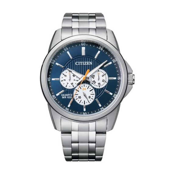 citizen silver watch with blue face